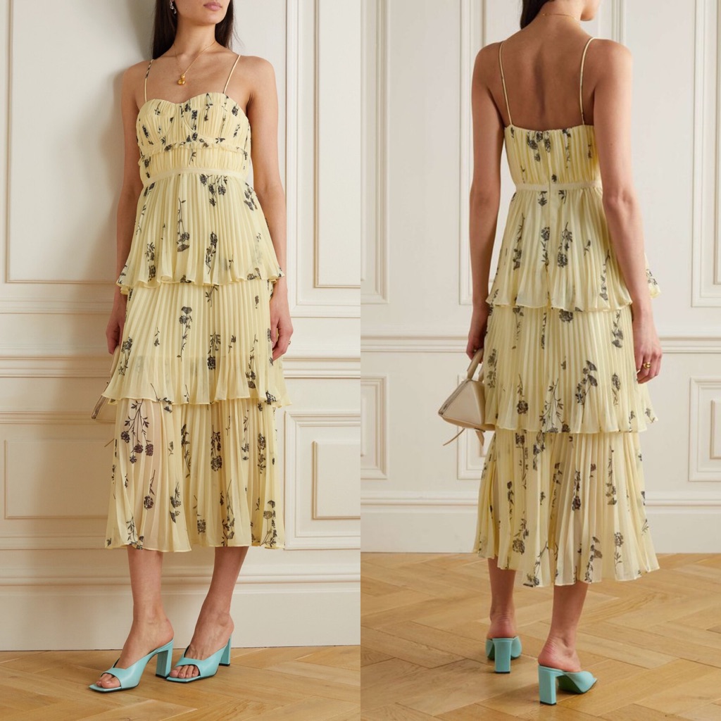 New Nwt Self Portrait Floral Silhouette Chiffon Tiered Midi Dress Pastel Yellow